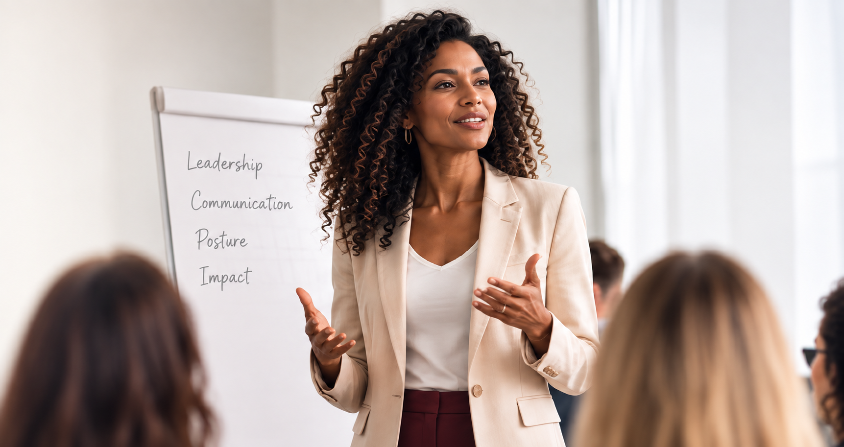 Formatrice animant une session de leadership devant un groupe