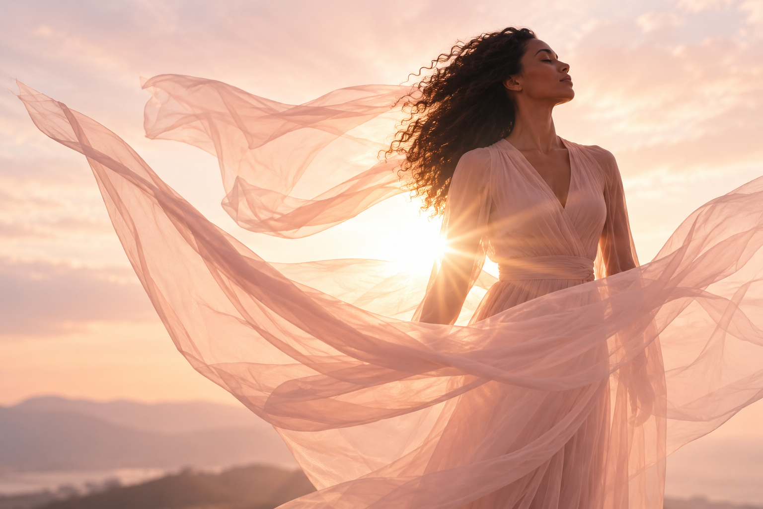 Femme au coucher de soleil, voiles de tulle portés par le vent — programme Éclosion