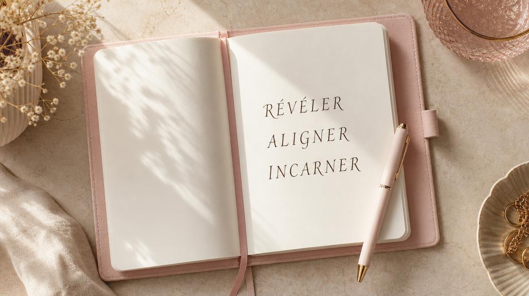 Carnet rose et crème avec un stylo élégant, vu de dessus