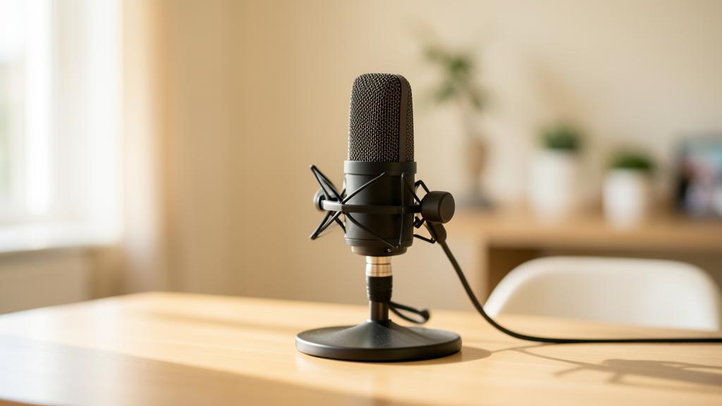 Microphone de podcast professionnel dans un intérieur crème