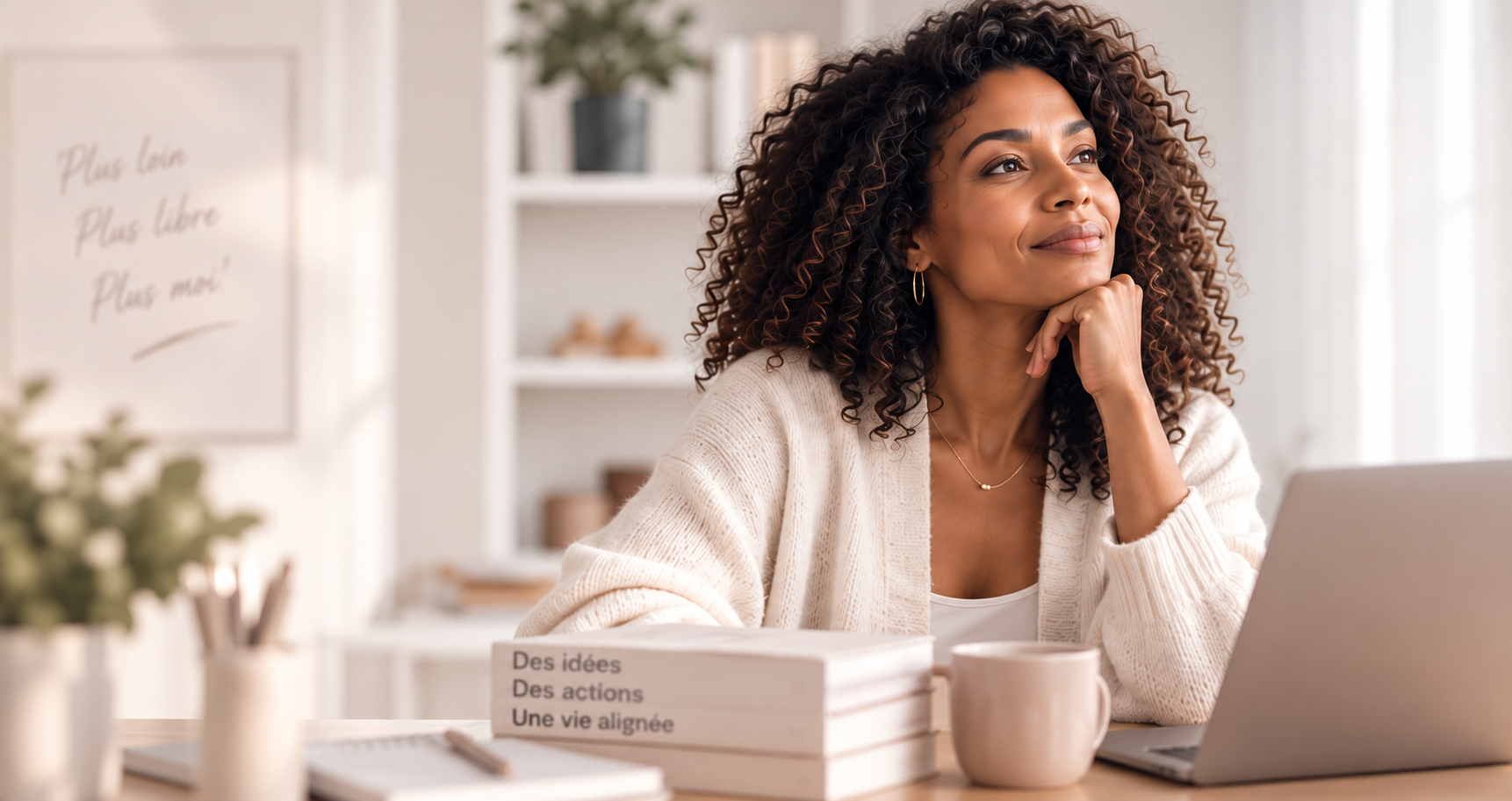 Femme aux cheveux bouclés, assise à son bureau, le regard inspiré