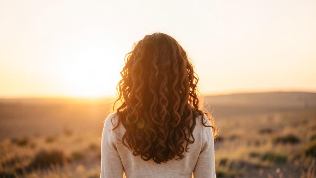 Femme vue de dos face à un paysage lumineux au coucher du soleil